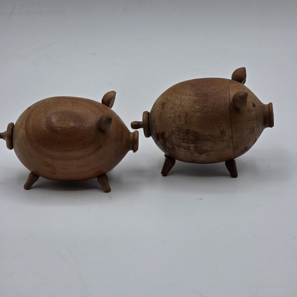 Wood Pig‎ Salt Pepper Shakers Set of 2 Hand Carved Wooden Farmhouse Rustic Decor - Picture 2 of 7